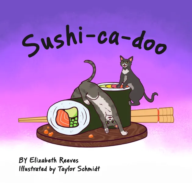 The Sushi-ca-doo cover showing two cats playing among oversized sushi.
