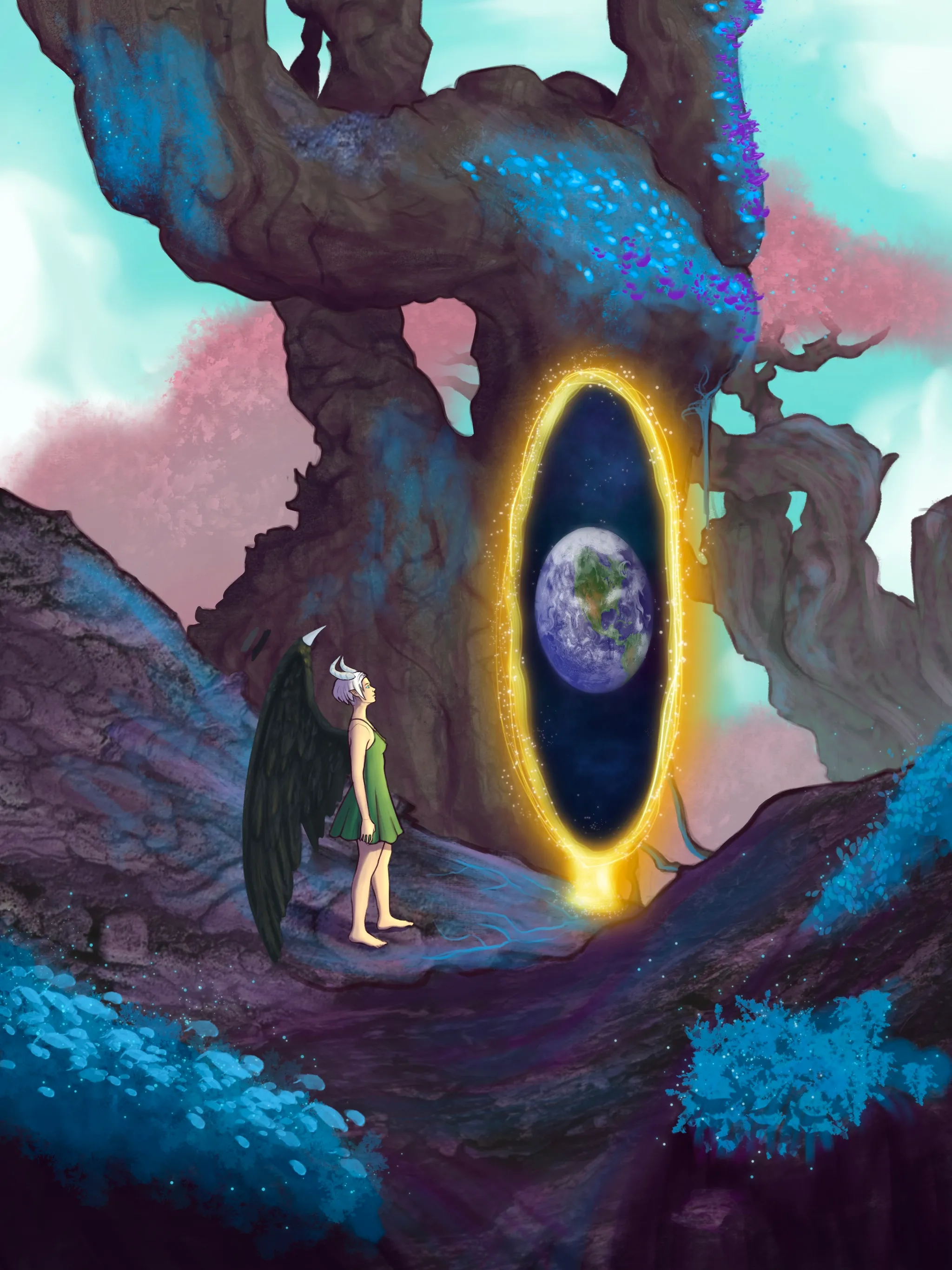 A winged figure stands before a glowing portal set into a surreal tree.