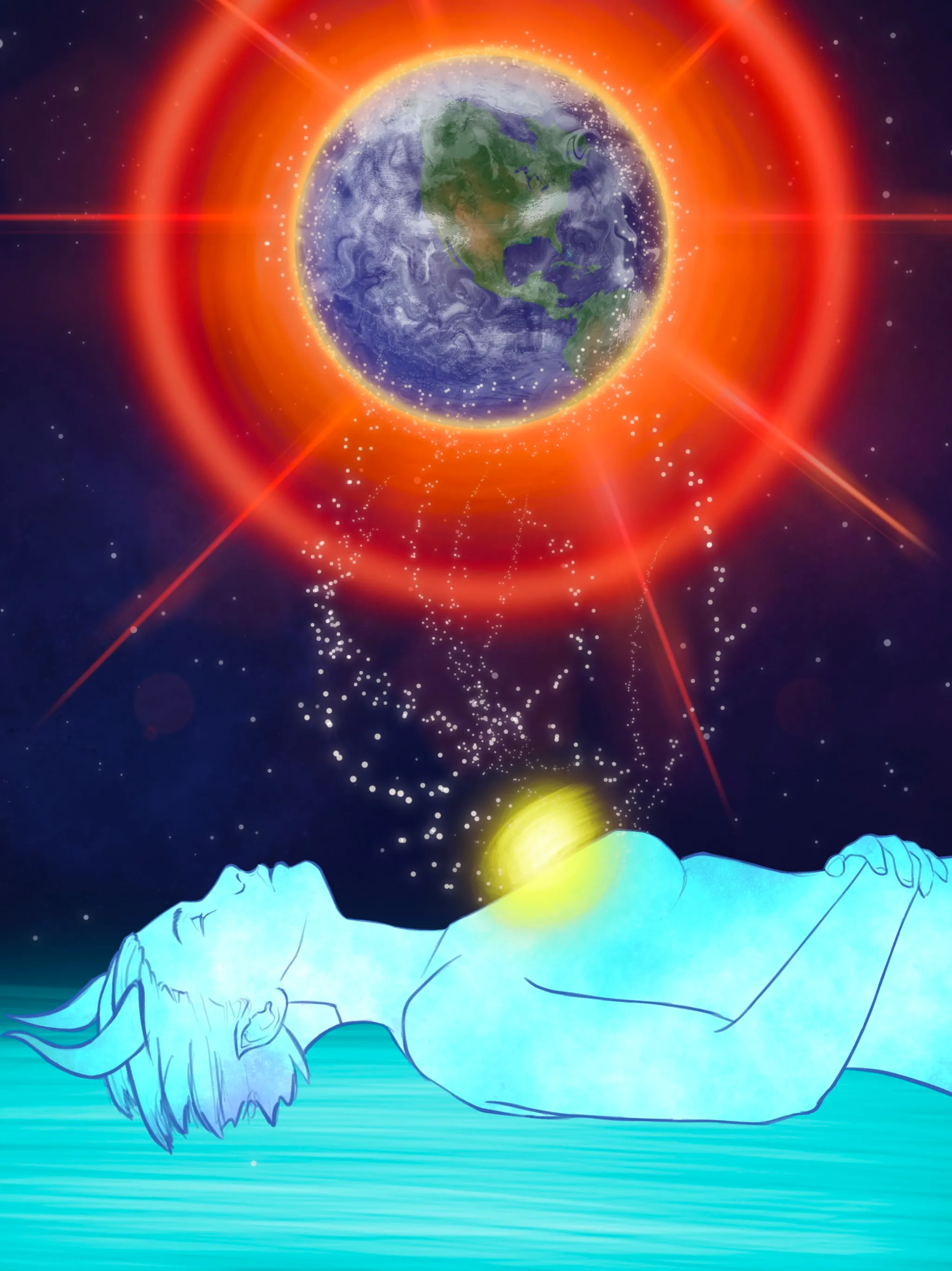 A luminous figure lies beneath a glowing earth suspended in a star field.