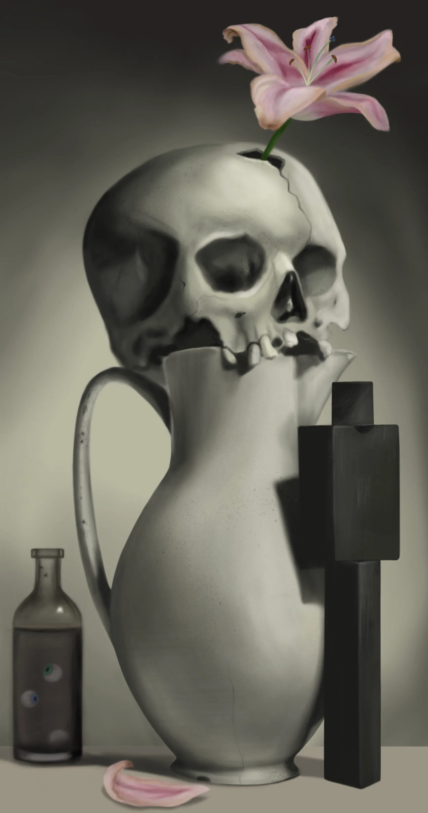 A still life with a skull, ceramic pitcher, and pale flower.